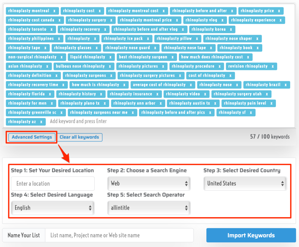 Allintitle KGR Checker Advanced Settings Feature. Check KGR For Any Location/Language.