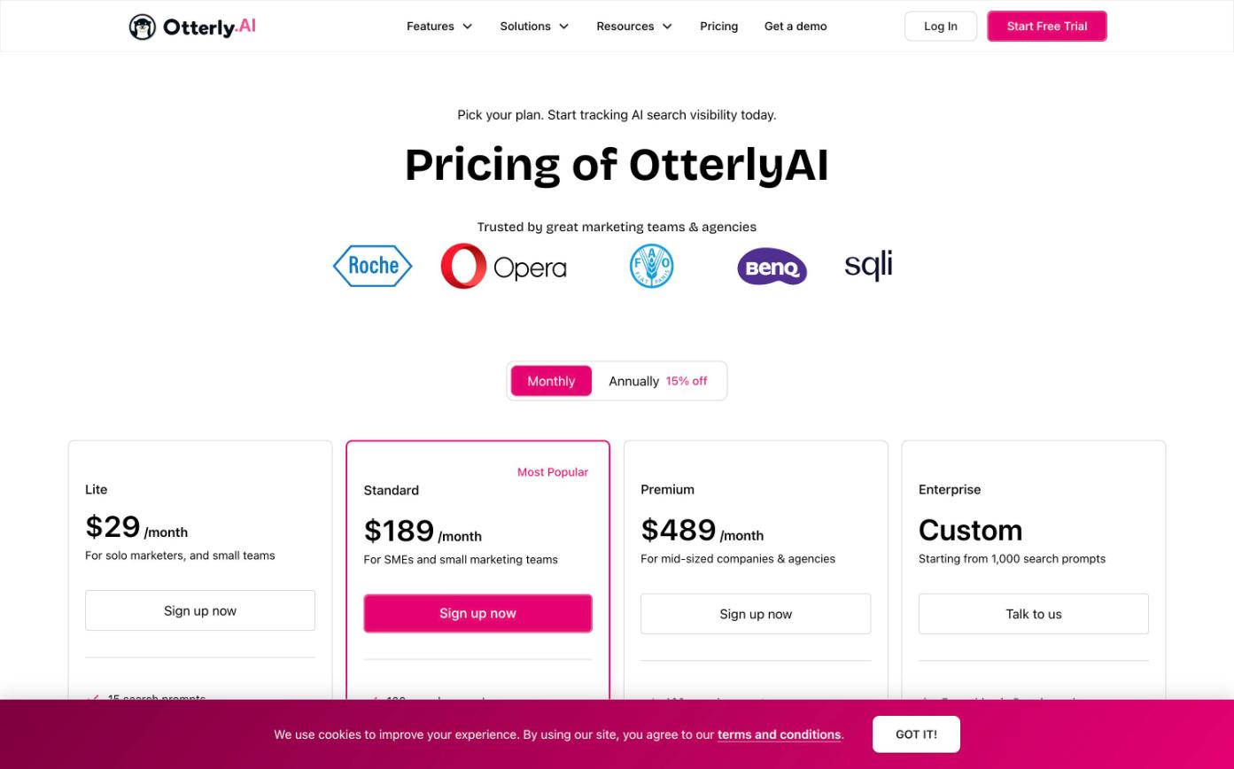 OtterlyAI pricing page with Lite, Standard and Premium plans
