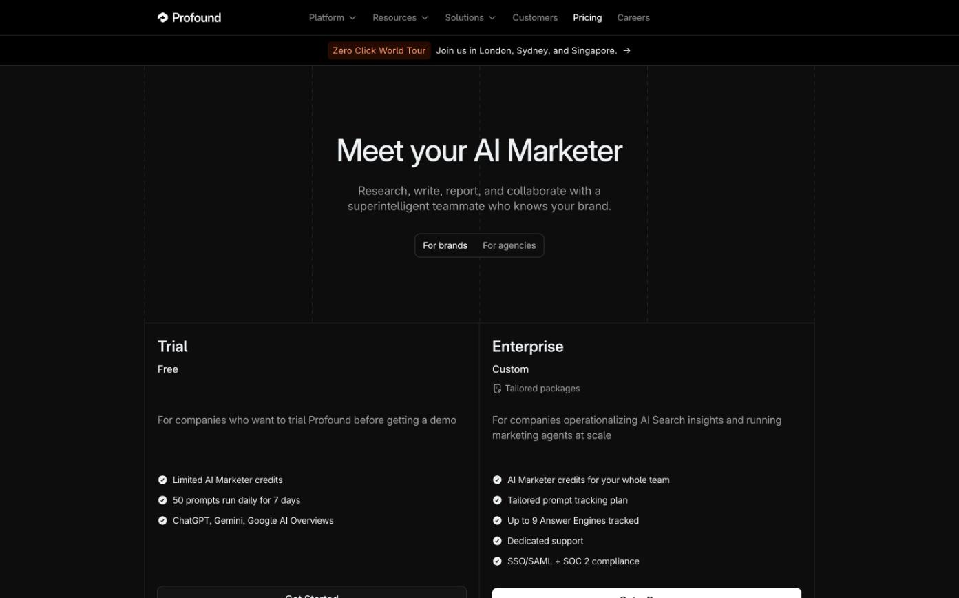 Profound pricing page showing free trial and enterprise plans