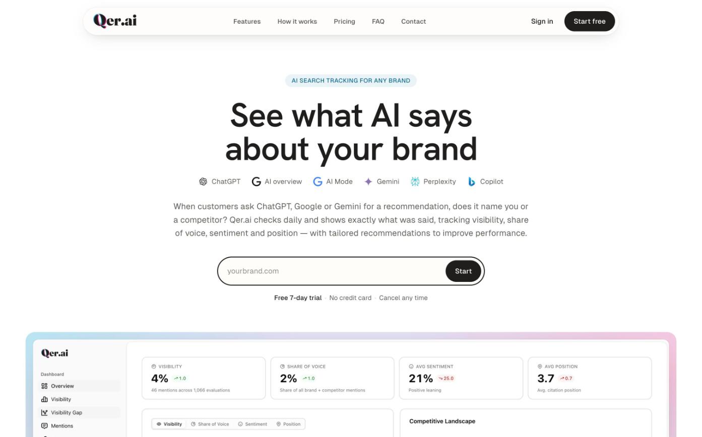 Qer.ai AI search visibility tracking homepage and dashboard