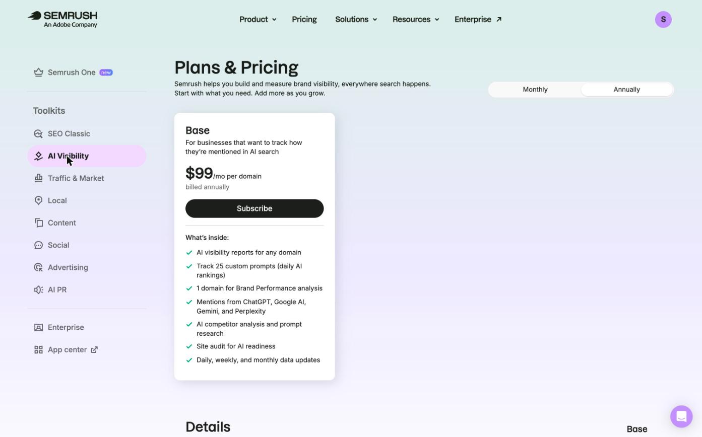 Semrush AI Visibility toolkit pricing page